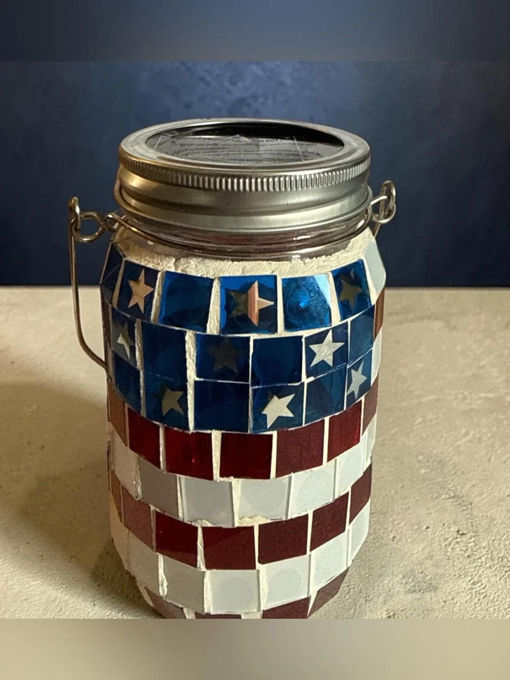 Solar Power Patriotic Mosaic Mason Jar Lantern